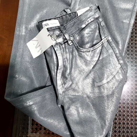 Womens ZARA wide Leg Silver Gloss Jeans - Picture 1 of 7